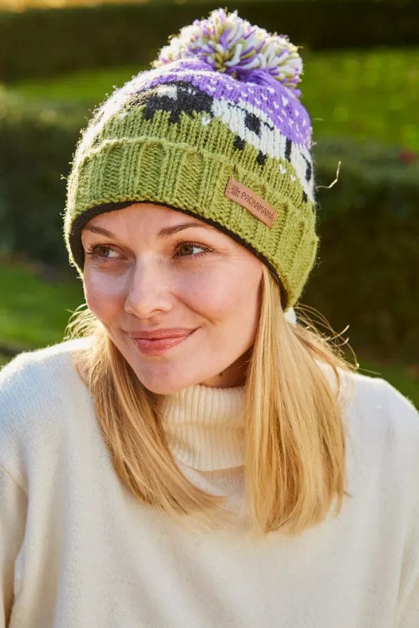 luscious scarves wool hat Pachamama Black Sheep Roll Back Bobble Beanie Purple, Fairtrade , Handmade