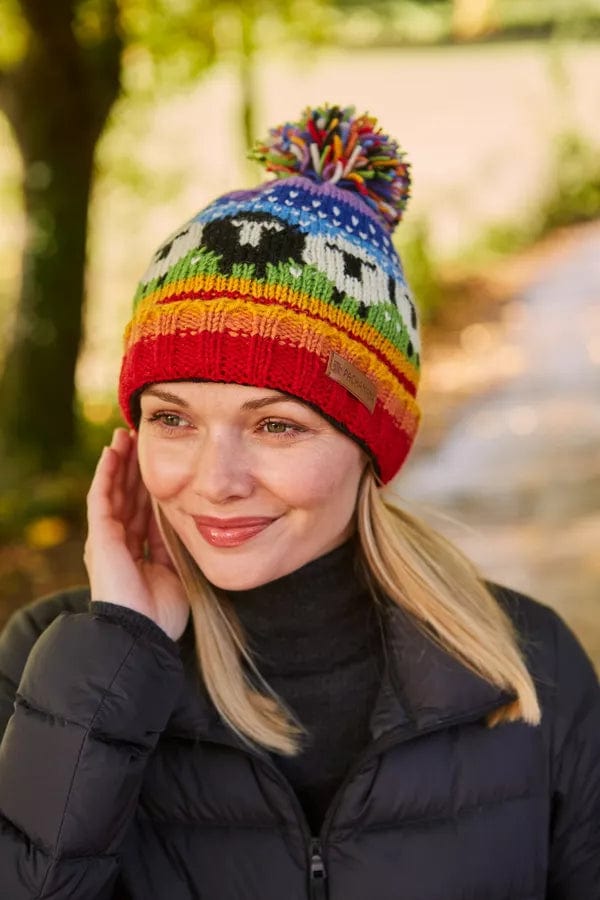 luscious scarves wool hat Pachamama Black Sheep Roll Back Bobble Beanie Rainbow, Handmade, Fairtrade