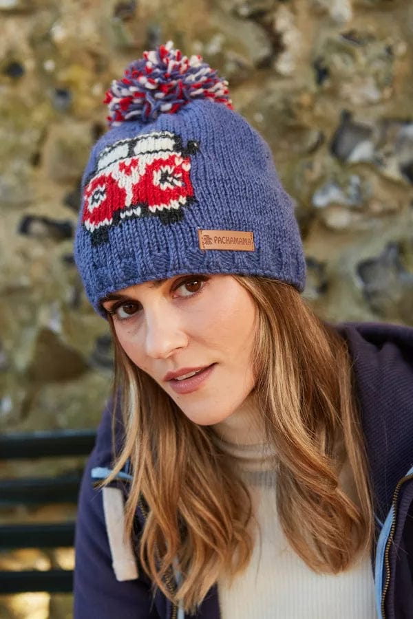 luscious scarves wool hat Pachamama Happy Camper Van Bobble Beanie Denim, Fairtrade, Handmade