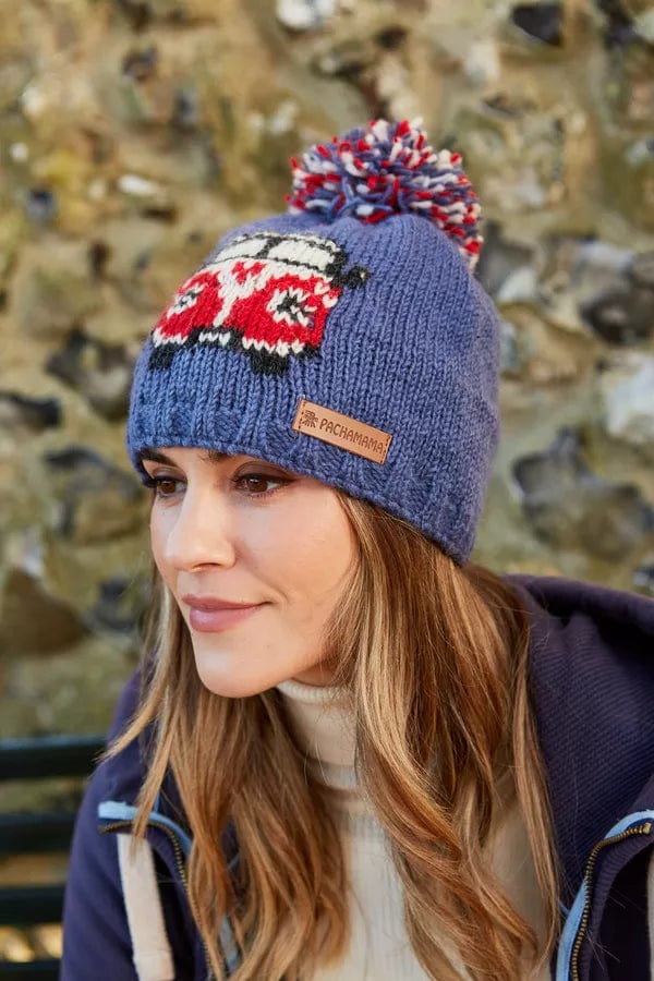 luscious scarves wool hat Pachamama Happy Camper Van Bobble Beanie Denim, Fairtrade, Handmade