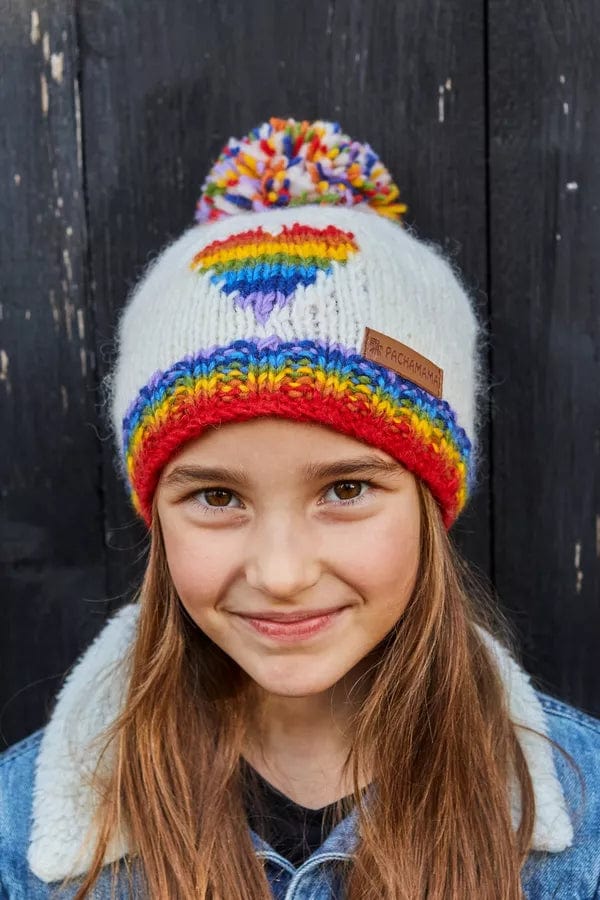 luscious scarves wool hat Pachamama Kids Rainbow Heart Bobble Beanie, Fairtrade , Handmade
