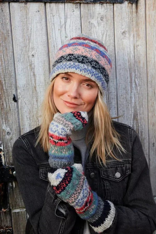 luscious scarves wool hat Pachamama Ladies Classic Fairisle Beanie, Oatmeal , Handknitted , Fairtrade