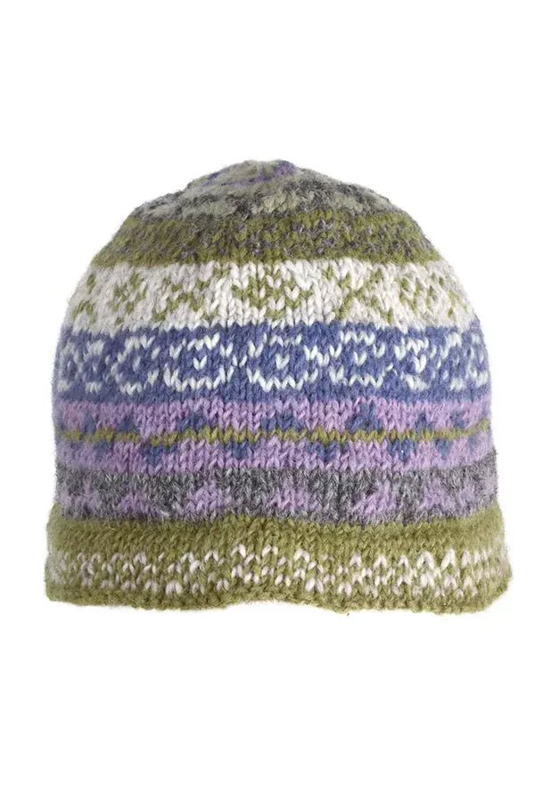luscious scarves wool hat Pachamama Ladies Classic Fairisle Beanie, Olive Green , Handknitted , Fairtrade