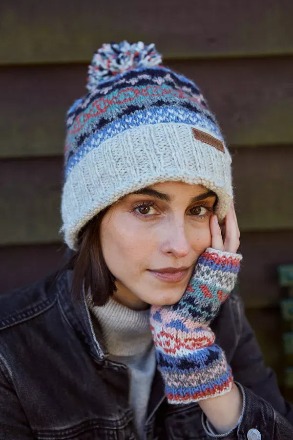 luscious scarves wool hat Pachamama Ladies Classic Fairisle Roll Back Beanie, Oatmeal, Handknitted , Fairtrade