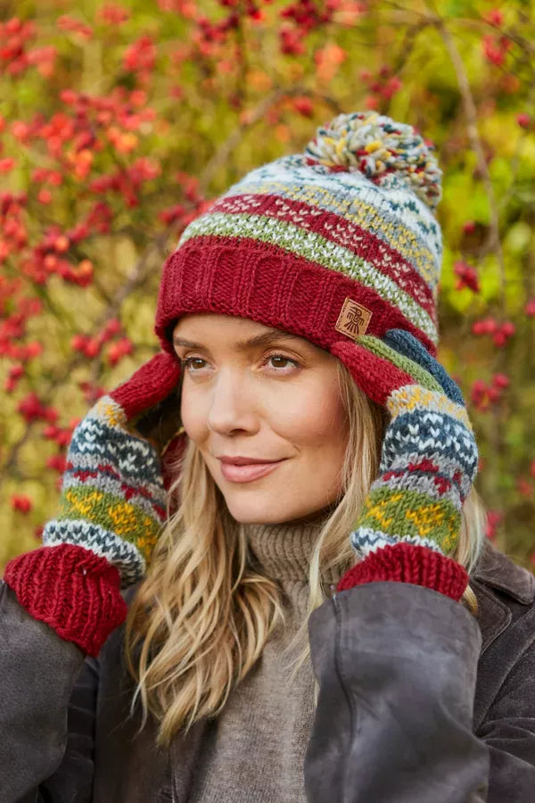 luscious scarves wool hat Pachamama Ladies Classic Fairisle Roll Back Bobble Beanie , Rust Red , Handknitted , Fairtrade
