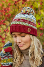 Load image into Gallery viewer, luscious scarves wool hat Pachamama Ladies Classic Fairisle Roll Back Bobble Beanie , Rust Red , Handknitted , Fairtrade
