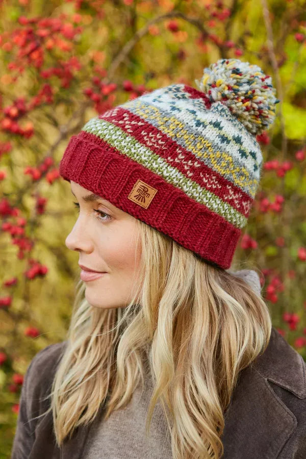 luscious scarves wool hat Pachamama Ladies Classic Fairisle Roll Back Bobble Beanie , Rust Red , Handknitted , Fairtrade