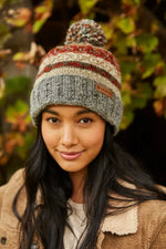 Load image into Gallery viewer, luscious scarves wool hat Pachamama Ladies Fairisle Roll Back Bobble Beanie, Grey , Handknitted , Fairtrade
