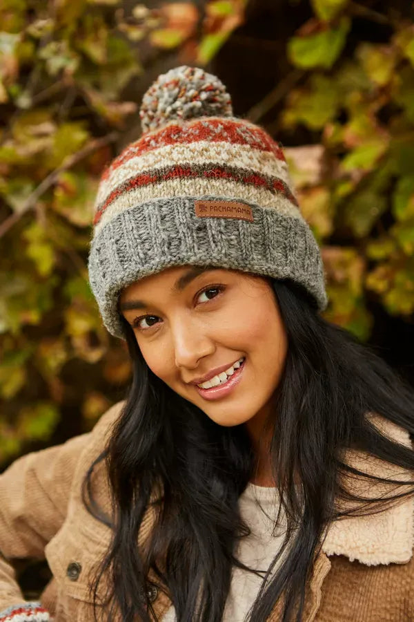 luscious scarves wool hat Pachamama Ladies Fairisle Roll Back Bobble Beanie, Grey , Handknitted , Fairtrade