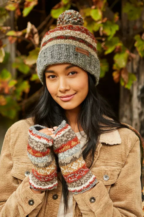 luscious scarves wool hat Pachamama Ladies Fairisle Roll Back Bobble Beanie, Grey , Handknitted , Fairtrade