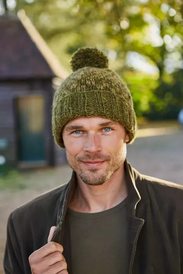 luscious scarves wool hat Pachamama Mens New Forrest , Moss, Handknitted , Fairtrade