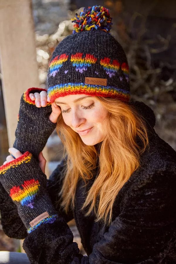 luscious scarves wool hat Pachamama Rainbow Heart Bobble Beanie Charcoal , Handmade, Fairtrade