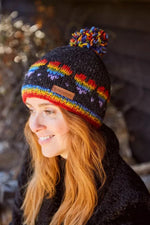 Load image into Gallery viewer, luscious scarves wool hat Pachamama Rainbow Heart Bobble Beanie Charcoal , Handmade, Fairtrade
