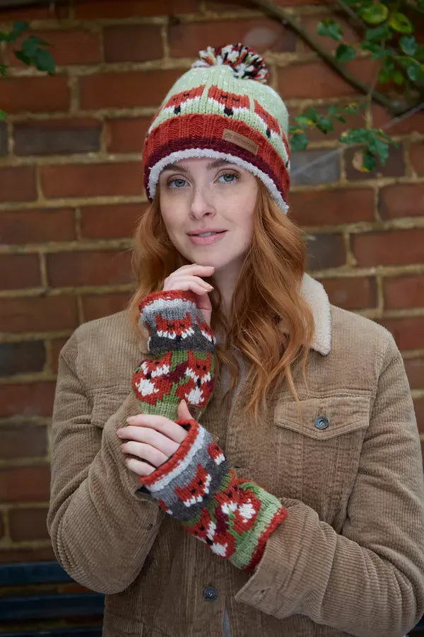 luscious scarves wool hat Pachamama Skulk Of Foxes Roll Back Bobble Hat , Handknitted , Fairtrade