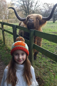 luscious scarves wool hats Pachamama Kids Animal Bobble Hat Highland Cow, Handmade , Fairtrade