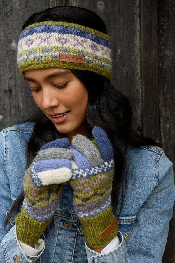 luscious scarves wool head band Pachamama Ladies Classic Fairisle Headband, Olive Green , Handknitted , Fairtrade