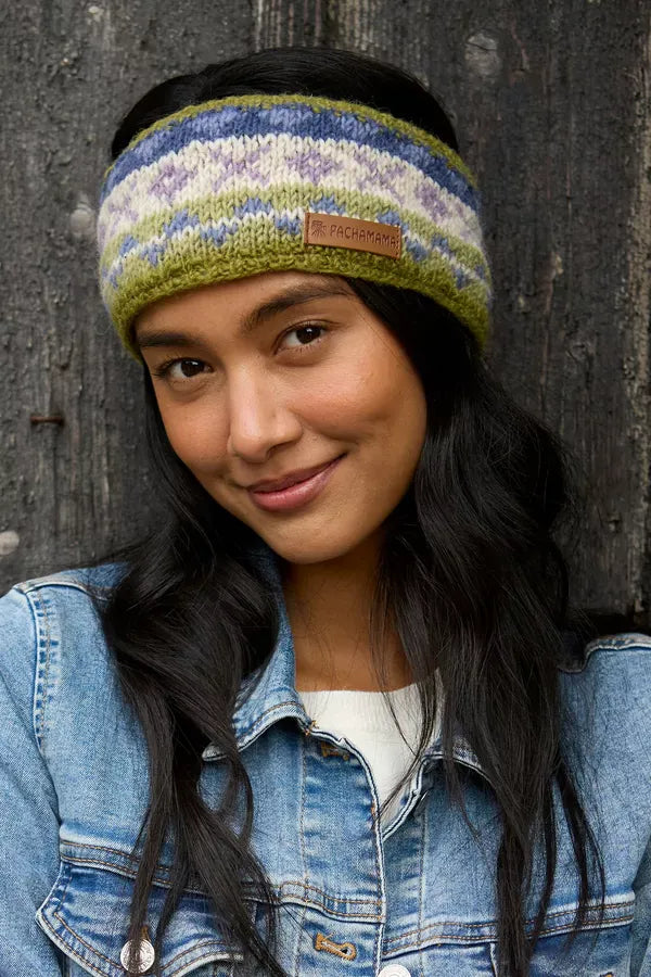 luscious scarves wool head band Pachamama Ladies Classic Fairisle Headband, Olive Green , Handknitted , Fairtrade