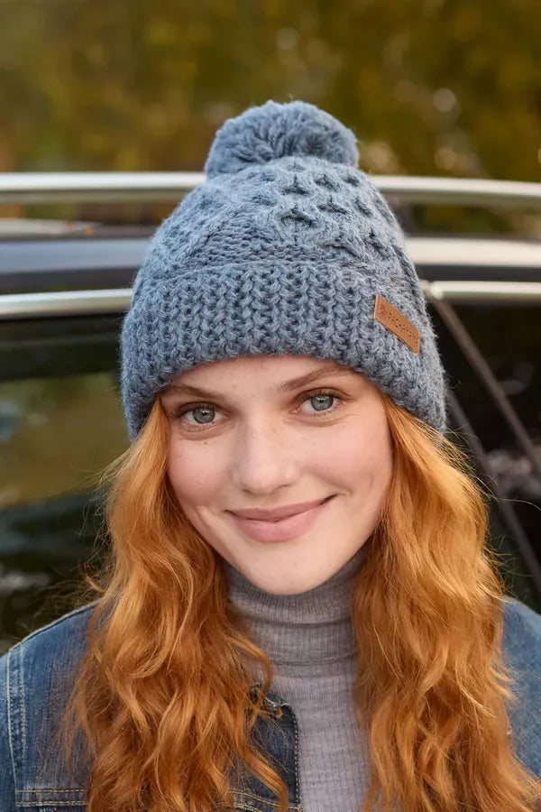 luscious scarves wool head band Pachamama Sheep (Merino) Roll Back Bobble Beanie Slate Blue