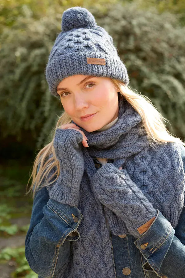 luscious scarves wool head band Pachamama Sheep (Merino) Roll Back Bobble Beanie Slate Blue