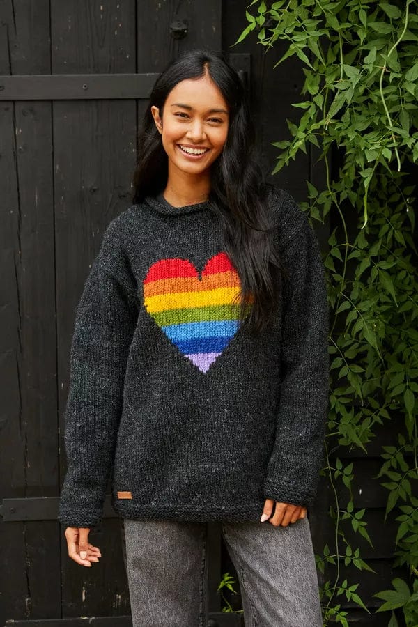 luscious scarves wool jumpers L Pachamama Rainbow Heart Sweater Charcoal, Hand Knitted, Fairtrade