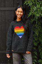 Load image into Gallery viewer, luscious scarves wool jumpers L Pachamama Rainbow Heart Sweater Charcoal, Hand Knitted, Fairtrade
