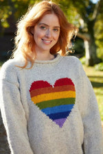 Load image into Gallery viewer, luscious scarves wool jumpers L Pachamama Rainbow Heart Sweater Oatmeal, Hand Knitted, Fairtrade
