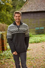 Load image into Gallery viewer, luscious scarves wool jumpers M/L Pachamama Men&#39;s Jorvik Half Zip Charcoal , Fairtrade, Handmade
