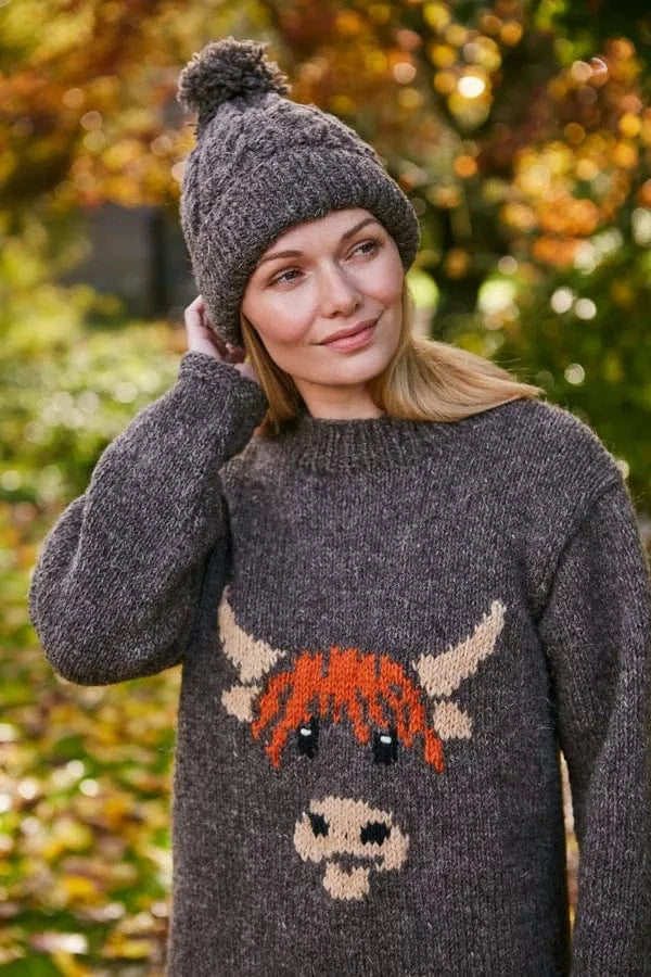 luscious scarves wool jumpers M Pachamama Highland Cow Sweater, Fair trade , Hand Knitted