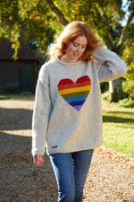 Load image into Gallery viewer, luscious scarves wool jumpers M Pachamama Rainbow Heart Sweater Oatmeal, Hand Knitted, Fairtrade
