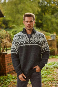 luscious scarves wool jumpers Pachamama Men's Jorvik Half Zip Charcoal , Fairtrade, Handmade