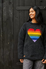 Load image into Gallery viewer, luscious scarves wool jumpers Pachamama Rainbow Heart Sweater Charcoal, Hand Knitted, Fairtrade
