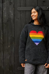 luscious scarves wool jumpers Pachamama Rainbow Heart Sweater Charcoal, Hand Knitted, Fairtrade