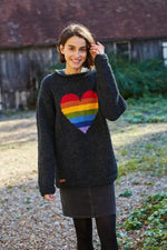 Load image into Gallery viewer, luscious scarves wool jumpers S Pachamama Rainbow Heart Sweater Charcoal, Hand Knitted, Fairtrade
