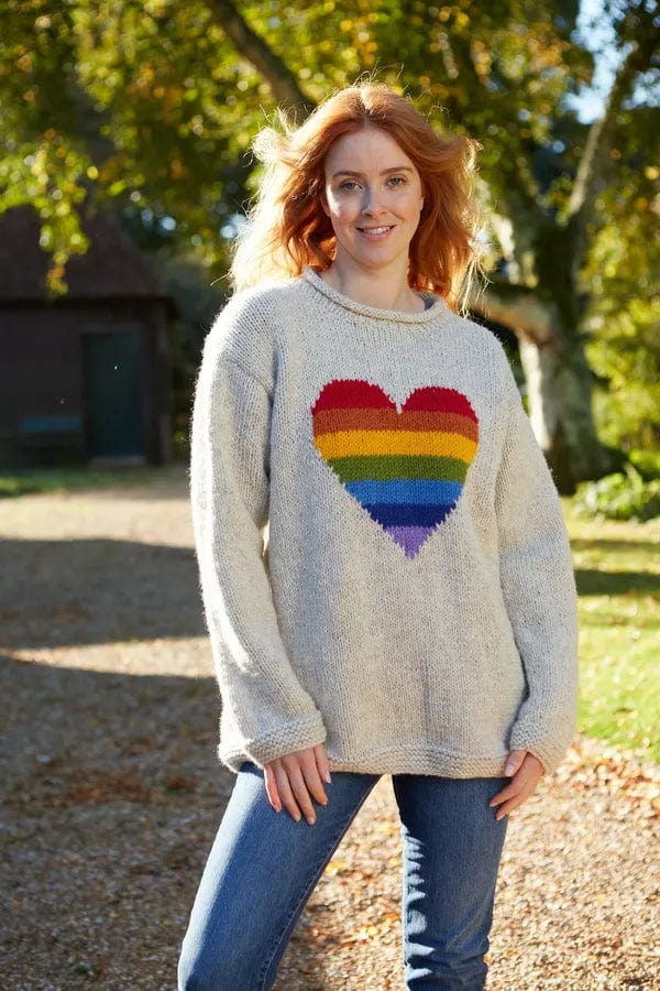 luscious scarves wool jumpers S Pachamama Rainbow Heart Sweater Oatmeal, Hand Knitted, Fairtrade