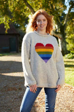 Load image into Gallery viewer, luscious scarves wool jumpers S Pachamama Rainbow Heart Sweater Oatmeal, Hand Knitted, Fairtrade

