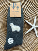 Load image into Gallery viewer, luscious scarves wool socks Gemjar Formally Joya, men’s Dark grey thick socks with fluffy sheep
