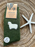 Load image into Gallery viewer, luscious scarves wool socks Gemjar Formally Joya, men’s Green thick socks with fluffy sheep
