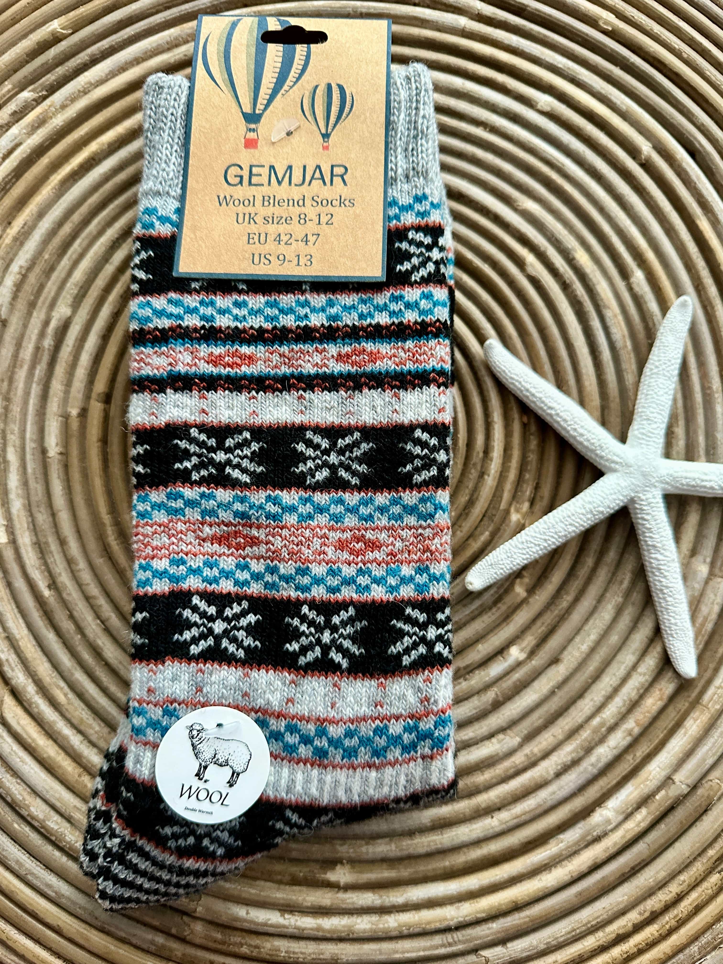 luscious scarves wool socks Gemjar Formally Joya, Men's Grey and blue Nordic patterned wool blend socks