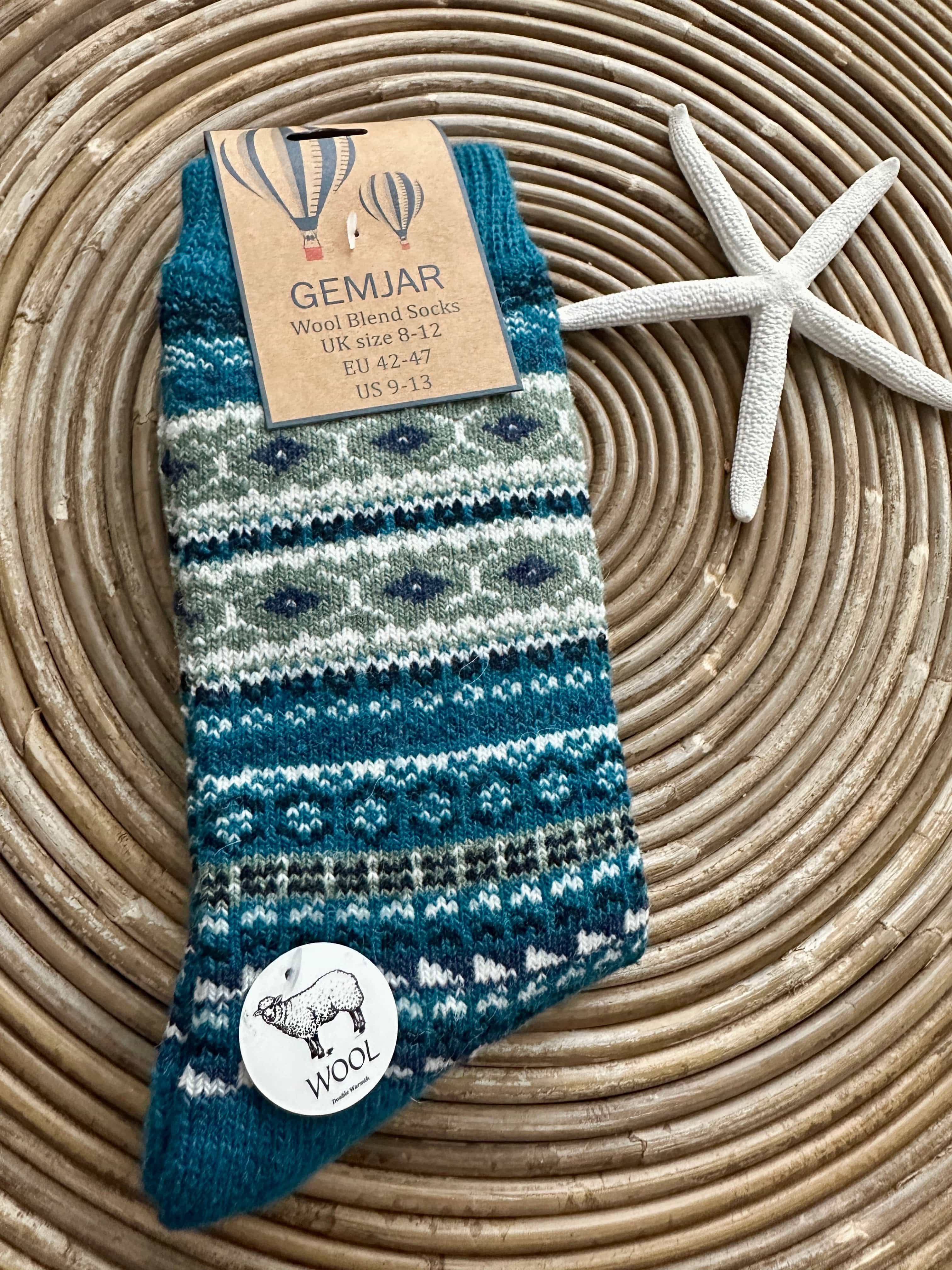 luscious scarves wool socks Gemjar Formally Joya, Men's Teal and cream Nordic patterned wool blend socks