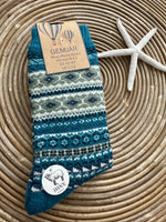 Load image into Gallery viewer, luscious scarves wool socks Gemjar Formally Joya, Men&#39;s Teal and cream Nordic patterned wool blend socks
