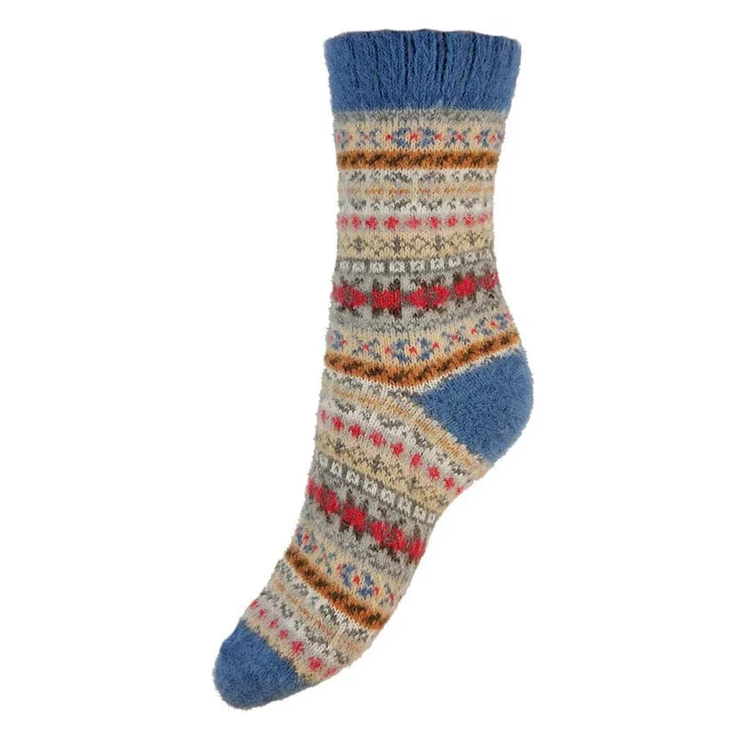 luscious scarves wool socks Gemjar Formally Joya, Women's Blue, fawn and red Scandi patterned soft Wool Blend socks