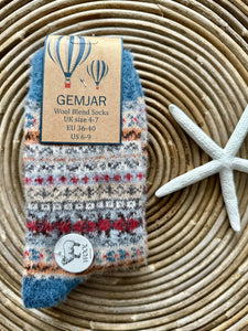 luscious scarves wool socks Gemjar Formally Joya, Women's Blue, fawn and red Scandi patterned soft Wool Blend socks