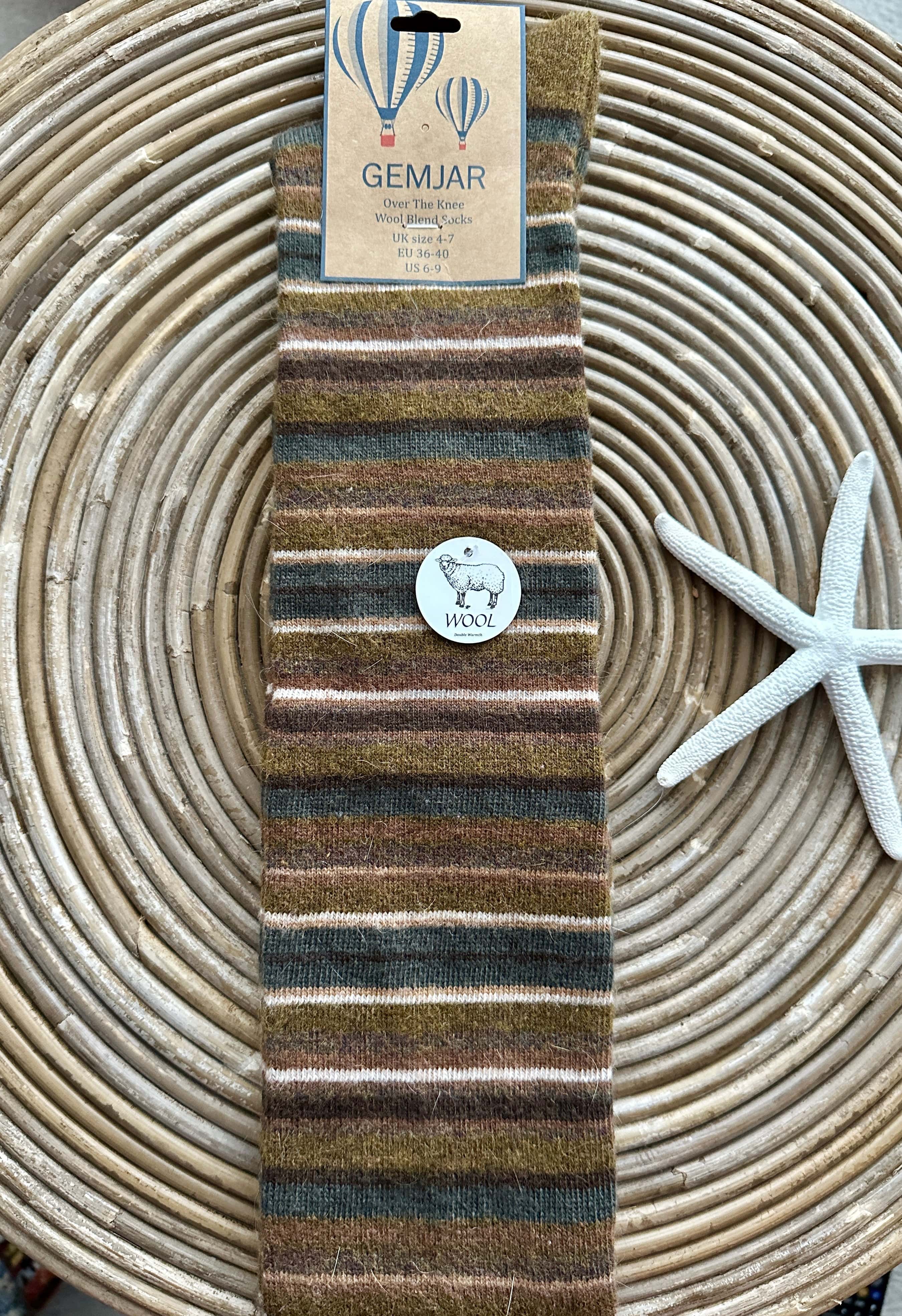 luscious scarves wool socks Gemjar Formally Joya, Women's Khaki Brown striped over-the-Knee Wool Blend Socks