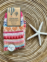 Load image into Gallery viewer, luscious scarves wool socks Gemjar Formally Joya, Women&#39;s Multi coloured, dark red cuff, Scandi patterned socks
