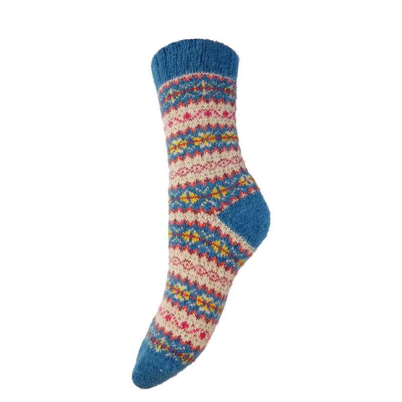 luscious scarves wool socks Gemjar Formally Joya, Women's Teal, fawn and yellow Scandi patterned soft Wool Blend socks