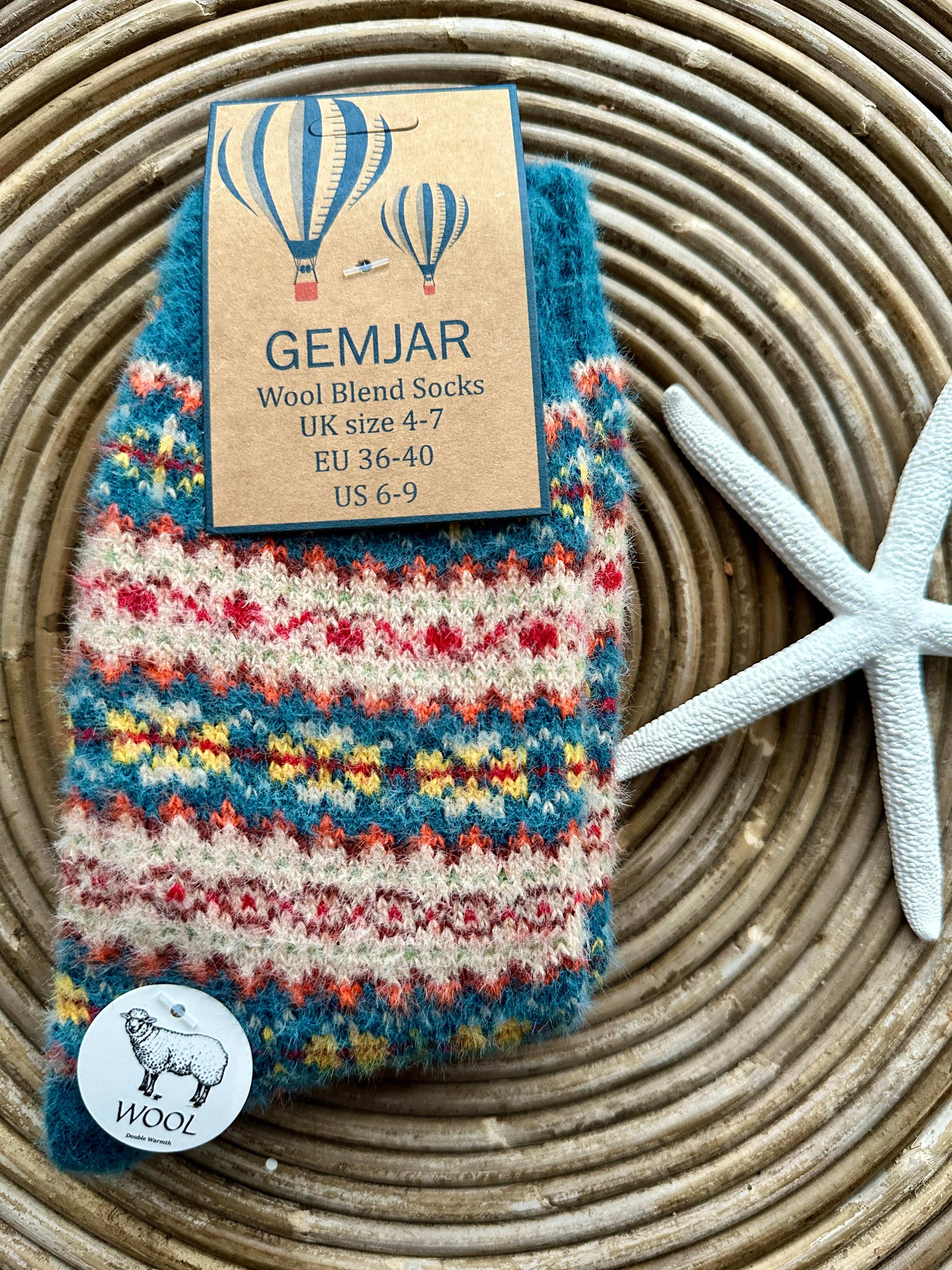 luscious scarves wool socks Gemjar Formally Joya, Women's Teal, fawn and yellow Scandi patterned soft Wool Blend socks