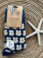 Load image into Gallery viewer, luscious scarves wool socks Gemjar Formally Joya, Women&#39;s Thick blue wool blend socks with ribbed cuff and Daisies
