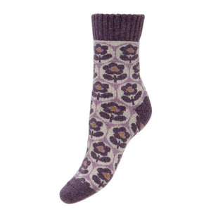 luscious scarves wool socks Gemjar Formally Joya, Women's Thick cream and purple wool blend socks with ribbed cuff and flowers