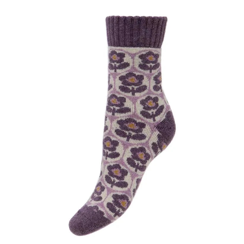 luscious scarves wool socks Gemjar Formally Joya, Women's Thick cream and purple wool blend socks with ribbed cuff and flowers