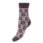 Load image into Gallery viewer, luscious scarves wool socks Gemjar Formally Joya, Women&#39;s Thick cream and purple wool blend socks with ribbed cuff and flowers
